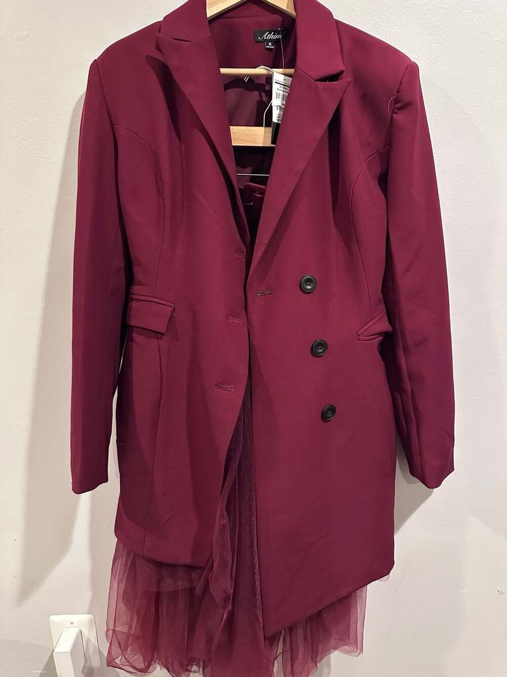 Athina AD9642 Burgundy Double Breasted Blazer Dress with Tulle Skirt